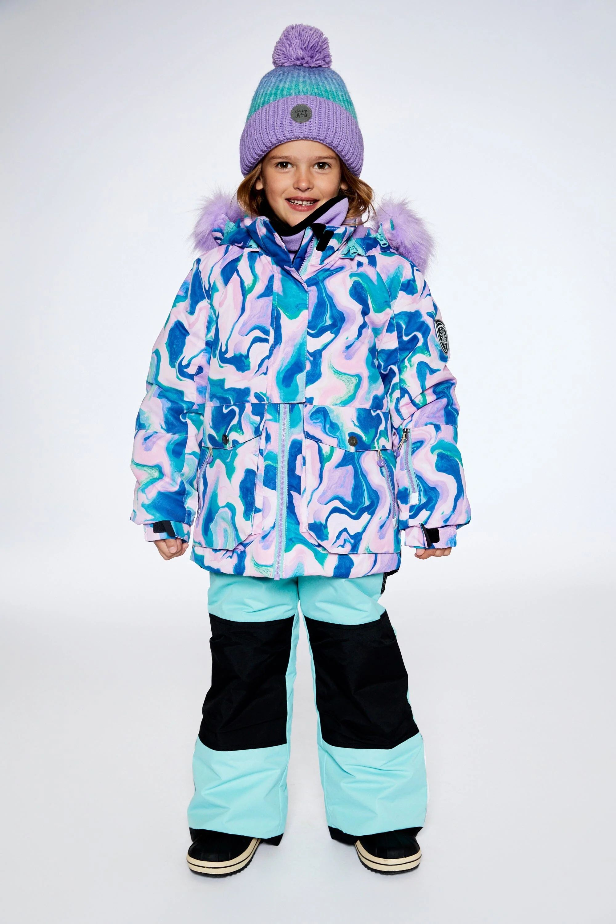 Two Piece Snowsuit In Aqua With Marbled Print | Deux par Deux Childrens Designer Clothing