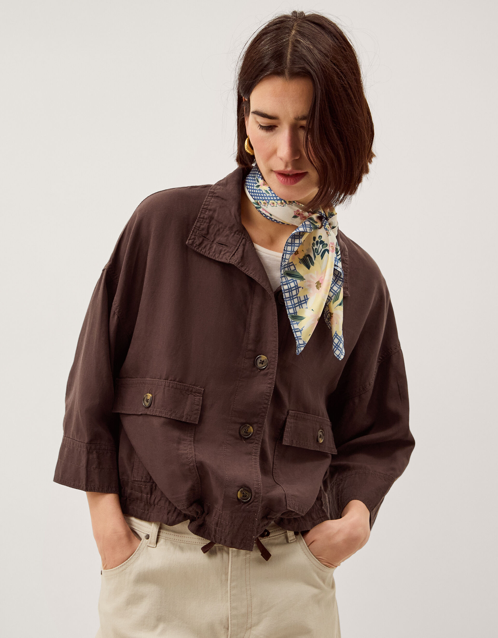 Marie Funnel Neck Linen Blend Jacket Brown | Monsoon (UK)