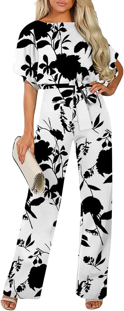 AUXDIO Womens Casual Short Sleeve Loose Crew Neck Belted Wide Leg Romper Jumpsuits | Amazon (US)