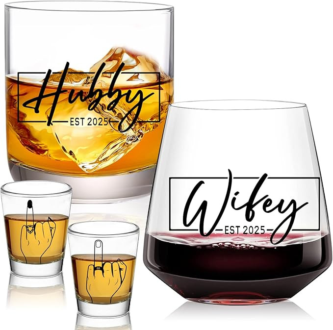Wedding Gifts 2025 -Hubby & Wifey Wine&Whiskey Glass Set,Mr and Mrs Gifts - Anniversary Wedding G... | Amazon (US)