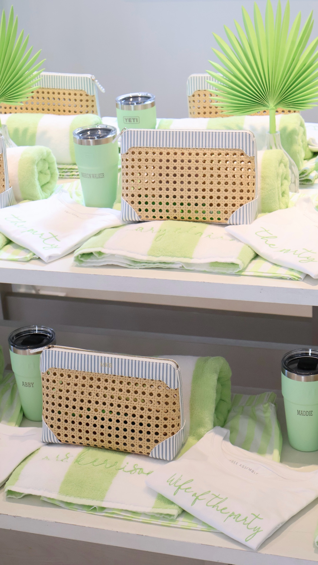 Cute bachelorette party gift ideas for your girl gang 💚🌴 I love a practical but aesthetic bachelorette welcome bag moment! These custom bridesmaid gifts include a personalized yeti tumbler cup, monogram waterproof cane makeup pouch, matching embroidered tees, striped beach shorts, and striped beach towels—perfect for a bach weekend, girls trip, or destination bachelorette party. The fresh green color palette gives such a fun palm beach / coastal bachelorette vibe and everything is something the girls will actually use after the trip. Sharing all the details for the best bridesmaid gifts, bachelorette party favors, bridesmaid gift bags, and personalized bridesmaid gift ideas.#LTKunboxing 

#LTKTravel #LTKstorytime #LTKWedding