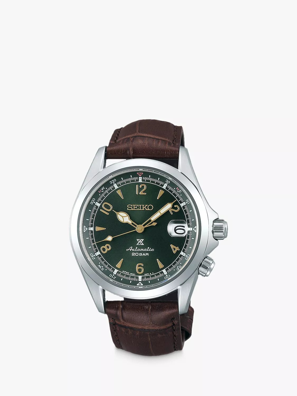 Seiko SPB121J1 Men's Prospex Alpinist 2020 Automatic Date Leather Strap Watch, Brown/Green | John Lewis (UK)
