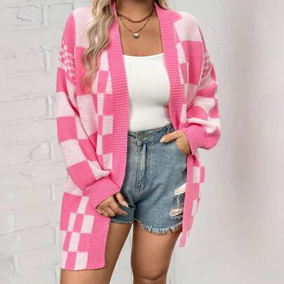 Plus Size Checkerboard Pattern Drop Shoulder Cardigan, Spring & Autumn, Color Block, For Winter | SHEIN