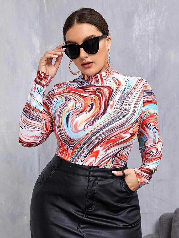 SHEIN Plus Stand Collar Marble Print Tee | SHEIN