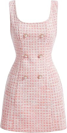 Floerns Women's Plaid Tweed Dress Sleeveless Square Neck Elegant Work Mini Dress | Amazon (US)