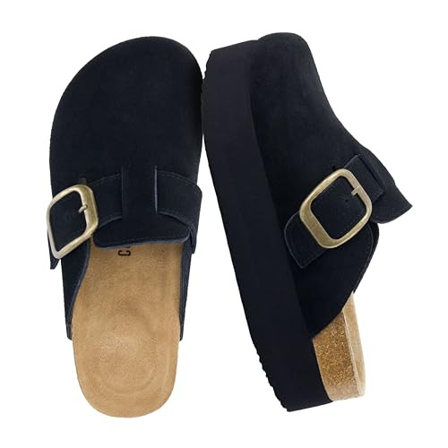 CUSHIONAIRE Women's Granola *Previous Buckle Issue Fixed* Genuine Suede Cork Footbed Platform Clog, +Comfort, Wide Widths Available, Black 9 W | Amazon (US)