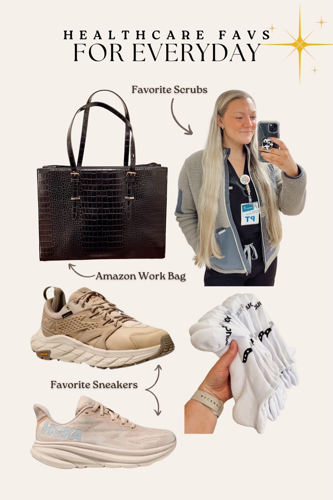 Amazon work bag 

Figs medium Sherpa jacket TTS 

Size 10 in Hokas TTS 

Size 10 socks

#LTKworkwear