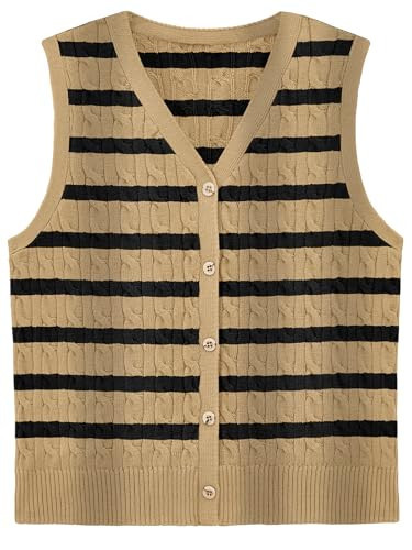 WIHOLL Women's Striped V-Neck Button Sweater Vest, Brown & Black Stripe, Medium | Amazon (US)