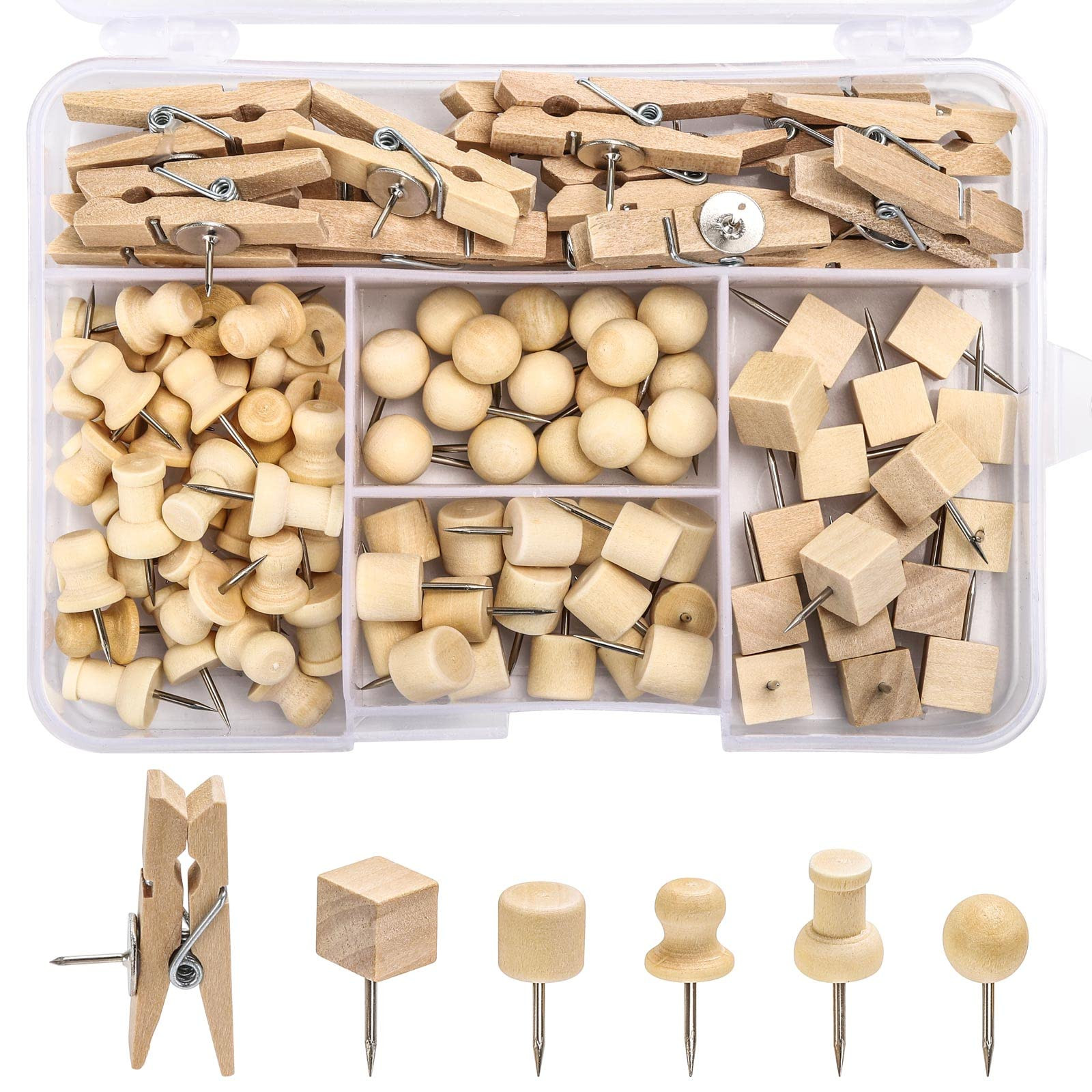 102 Pcs Wood Push Pins 6 Sizes Thumb Tacks for Wall Hangings Corkboard Office or Home | Amazon (UK)