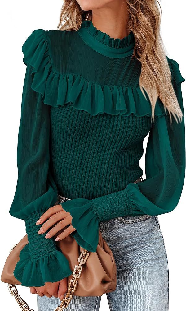 Womens Fashion Fall Sweaters Ruffle Mock Neck Bell Sleeve Chiffon Patchwork Knit Pullover Cute To... | Amazon (US)