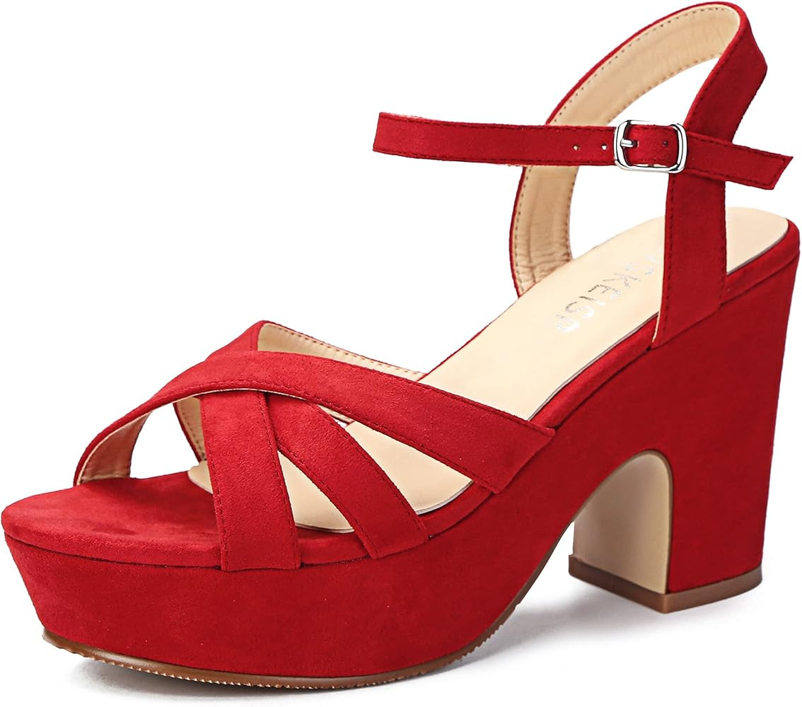 WSKEISP Women's Platform Heels Sandals Ankle Strap Block Chunky Heel Suede Peep Toe Fashion Dress We | Amazon (US)
