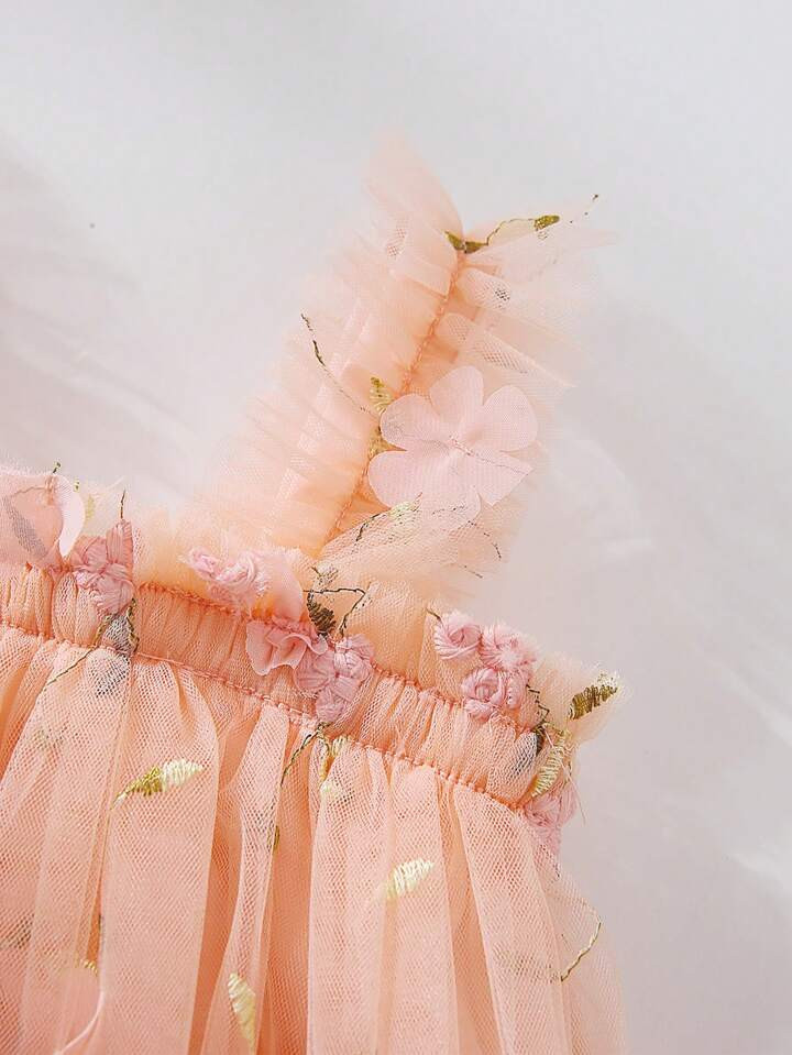 Baby Girl Elegant 3D Floral Embroidery Mesh Spaghetti Strap Dress For Wedding, Birthday, Vacation... | SHEIN