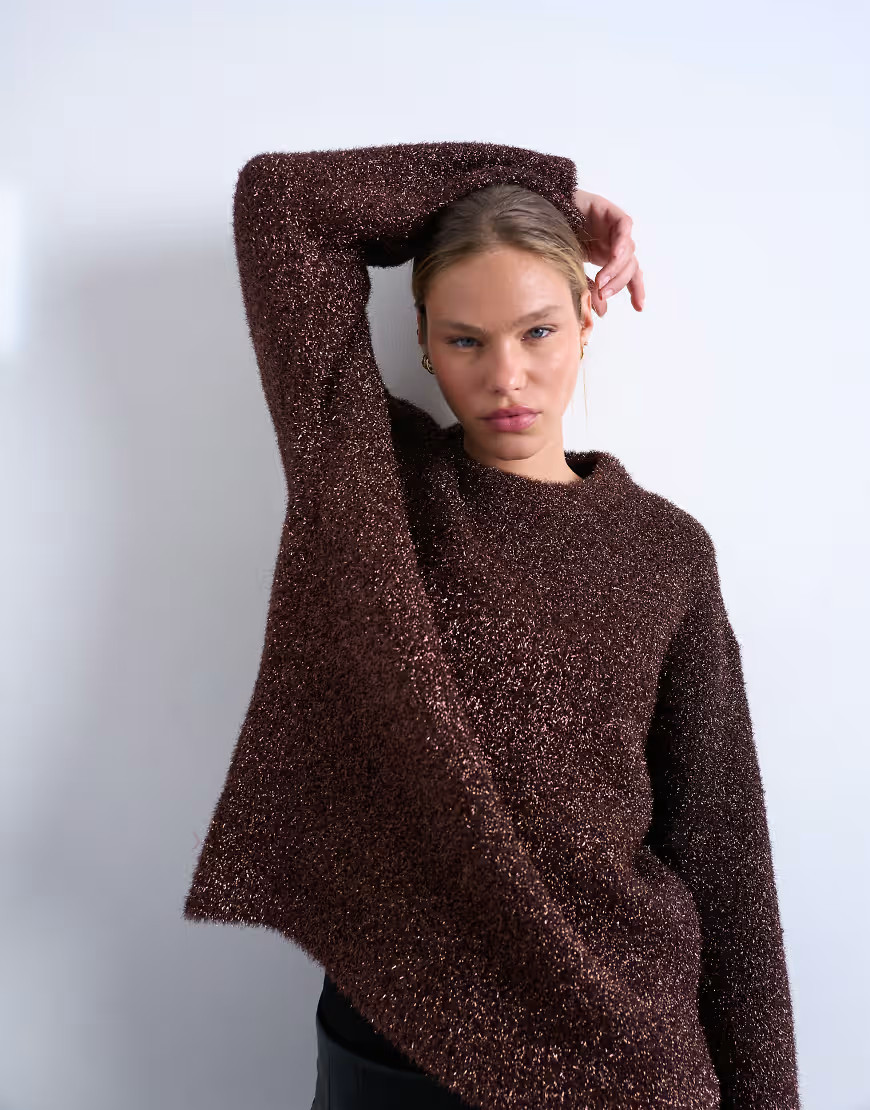 Topshop oversized tinsel wide sleeve knit sweater in brown | ASOS (Global)