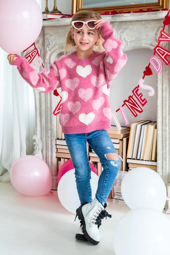 Kid's That Loving Feeling Pink Heart Pearl Detail Sweater | Pink Lily