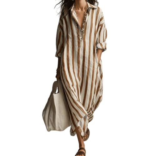 Women\u2019s Striped Shirt Dress 3/4 Sleeve Lapel V Neck Button Down Maxi Dress Casual Summer Bea... | Amazon (US)
