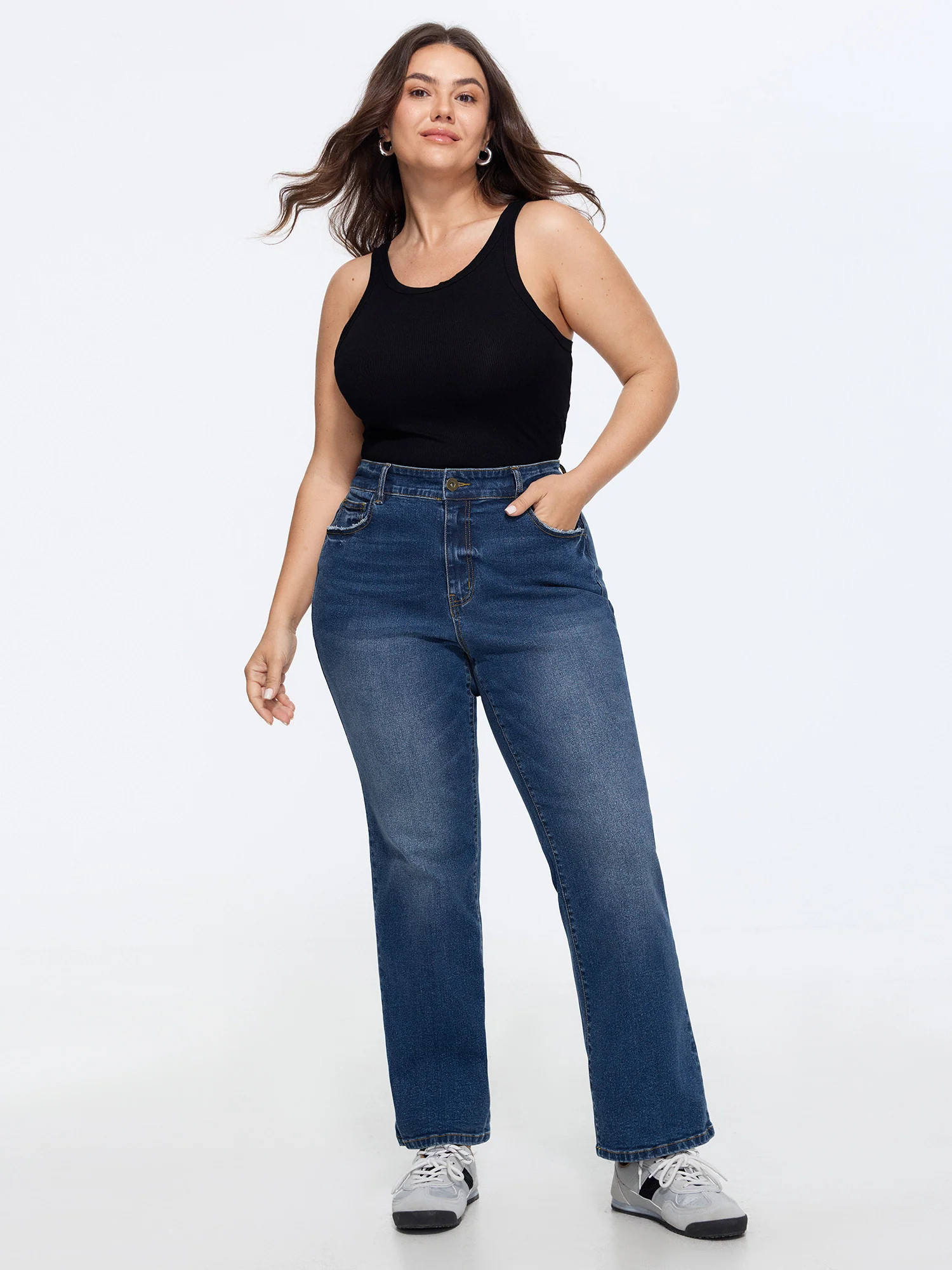 Stretchy Waist Straight-Leg Mid-Rise Jeans | Bloomchic