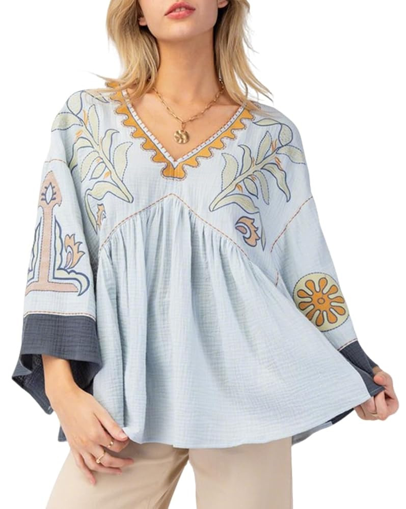 Womens Floral Printed Blouse V-Neck 3/4 Sleeves Loose Fit Vintage Babydoll Tops | Amazon (US)