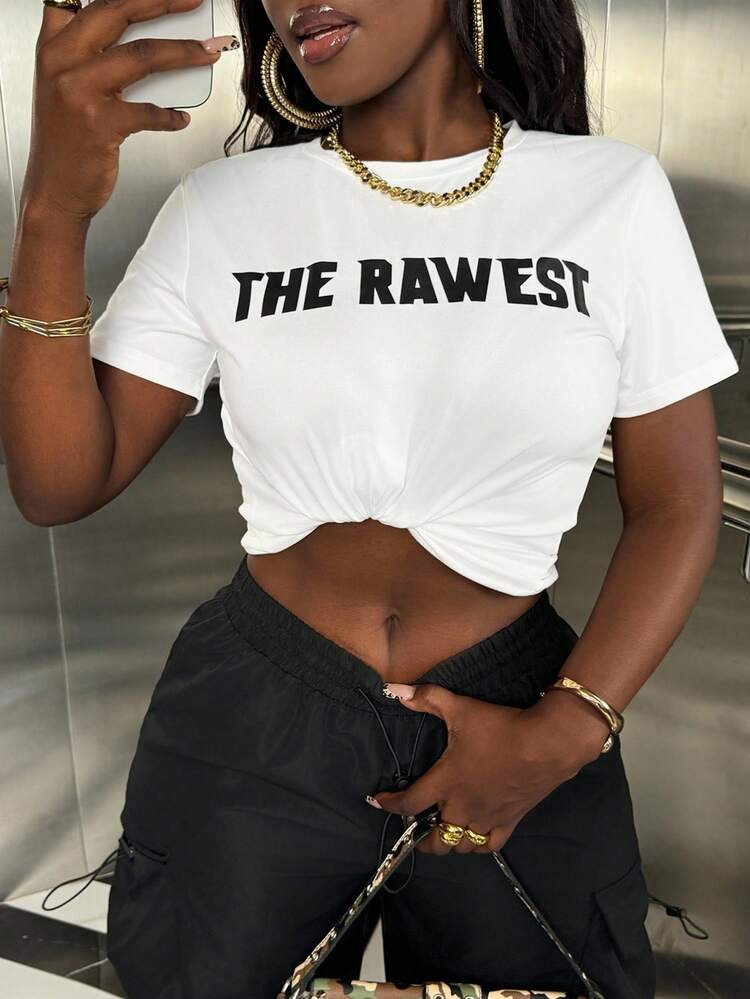 INAWLY Women's Letter Printed Short Sleeve T-Shirt THE RAWEST Graphic Tees Women Tops | SHEIN