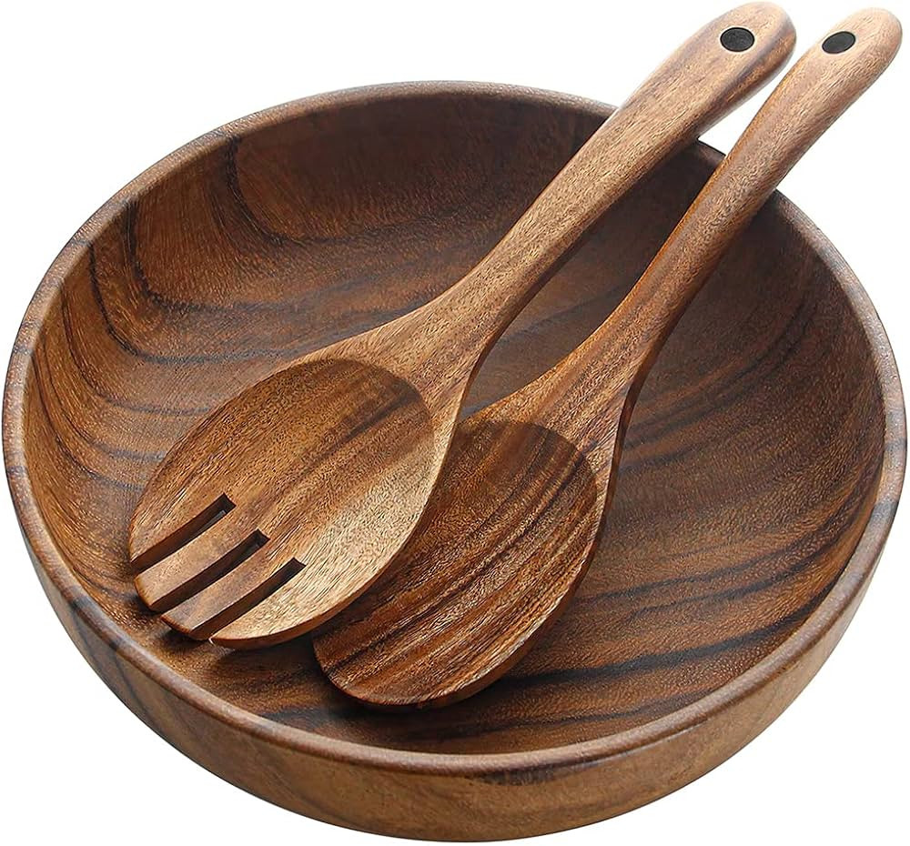 AOOSY Wooden Salad Bowls, Large Acacia Wood Salad Serving Bowl with Serving Tongs, 9.3" D x 2.8" ... | Amazon (US)