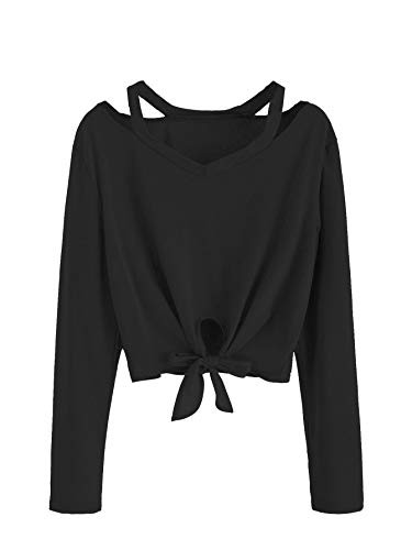SweatyRocks Women's Crop T-Shirt Tie Front Long Sleeve Cut Out Casual Blouse Top | Amazon (US)