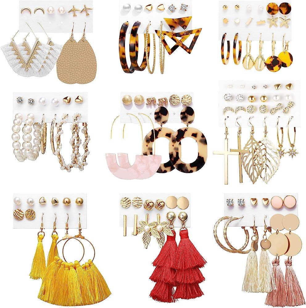 Earrings Set for Women Girls, Funtopia 61 Pairs Fashion Tassel Earrings Acrylic Hoop Stud Drop Dangl | Amazon (US)
