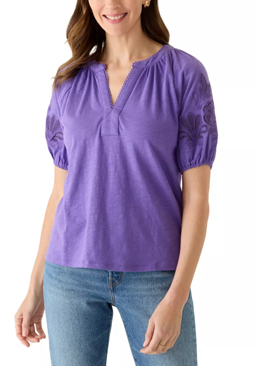 Women's Crochet Sleeve Split Neck Top | Belk