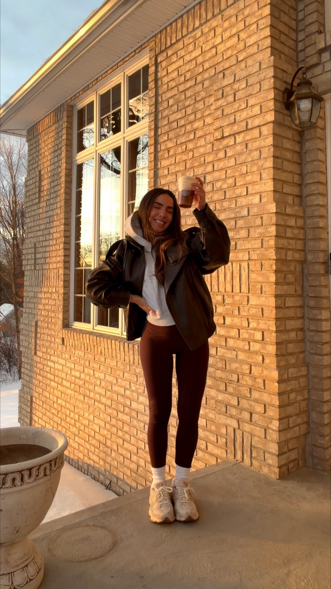 Sizing:
Hoodie | Small
Faux leather jacket | XS
Leggings | Small 
Sneakers | TTS