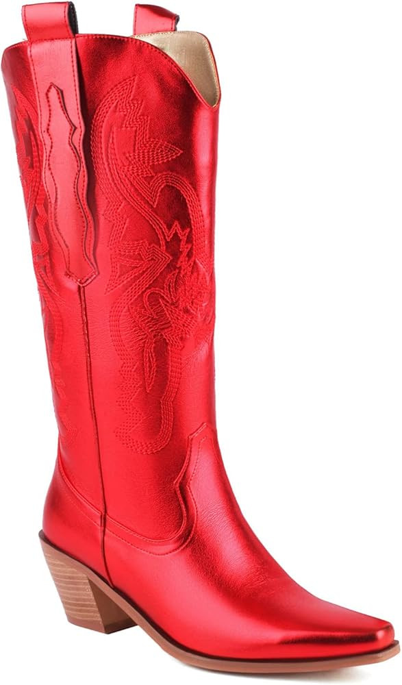 Elbslutt Women's Metallic Cowboy Boots Embroidered Western Snip Toe Cowgirl Boots Stacked Heel Pu... | Amazon (US)