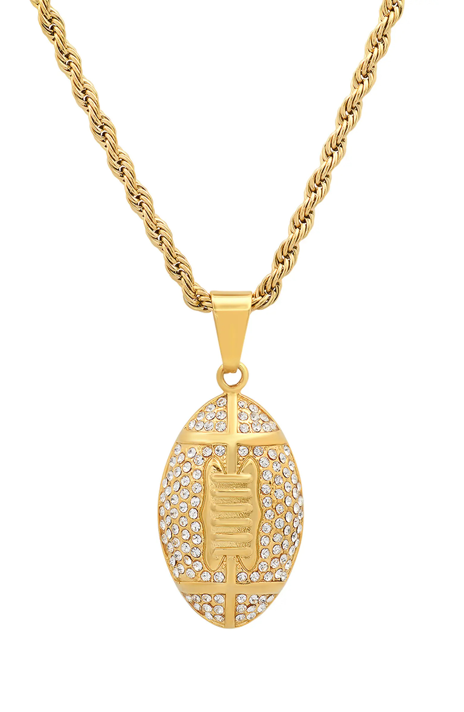 Mens' 18K Gold Plate Stainless Steel Crystal Pavé Football Pendant Necklace | Nordstrom Rack