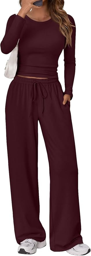Trendy Queen Women's 2 Piece Matching Lounge Set Long Sleeve Slightly Crop Top Wide Leg Pants Cas... | Amazon (US)