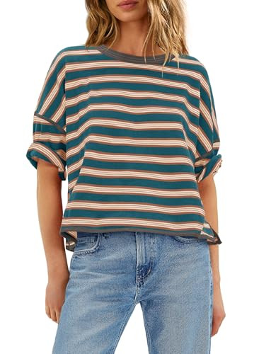 Panadila Womens Striped Shirt Short Sleeve Tops Summer Casual Oversized Tshirts Crew Neck Boxy Te... | Amazon (US)