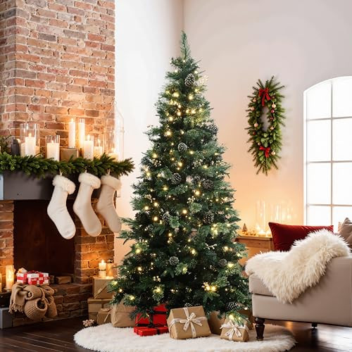 LuxenHome 6.5FT Prelit Christmas Tree with Lights, Slim Artificial Christmas Tree with 300 LED Lights and Pine Cone, 978 PE+PVC Branch Tips, Plug-in Prelit Pine Tree Indoor, Outdoor Holiday Décor | Amazon (US)