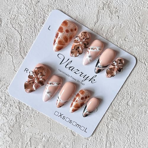 3D Handmade Press On Nails,Brown French Tip Medium Almond Fake Nails with Rhinestone Flowers, Reusable Luxury Winter Nail Art, Salon-Quality Acrylic Nails for Women | Amazon (US)