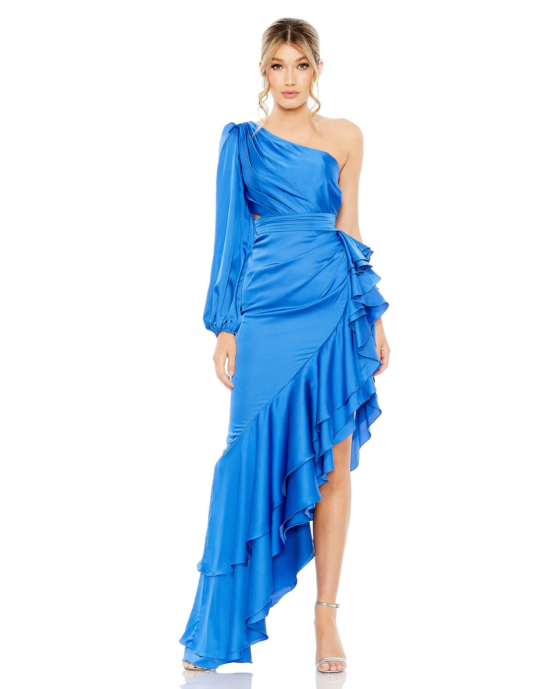 One Sleeve Cut Out Asymmetrical Ruffled Gown | Mac Duggal