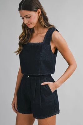 Zaydie Co Denim Lace Trim Sleeveless Crop Top And Shorts Set - Denim Lace Trim Sleeveless Crop Top And Shorts Set | Shop.app