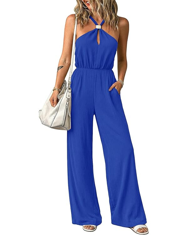 Lazysmile Summer Jumpsuits for Women Sleeveless Halter Backless Pants Romper Dressy Wide Legs One... | Amazon (US)