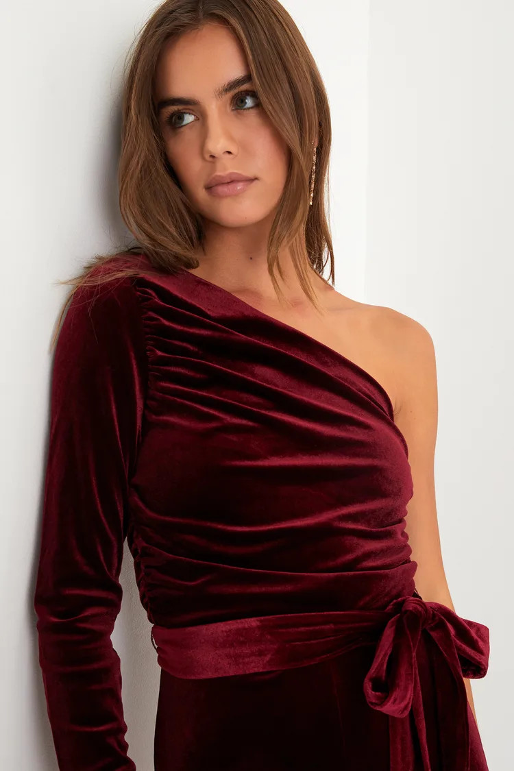 Extraordinary Vibe Burgundy Velvet One-Shoulder Jumpsuit | Lulus
