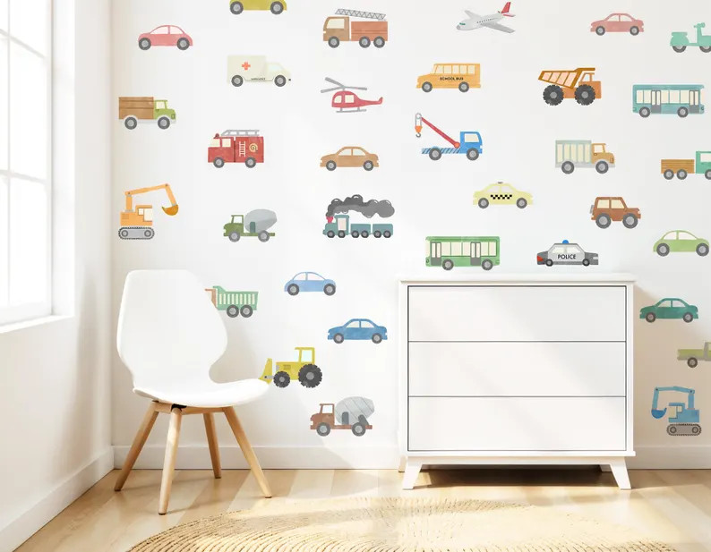 Watercolor Transportation Vehicles Decal, Boy's Room Decor, Nursery Cars Decal, Cars and Truck De... | Etsy (US)