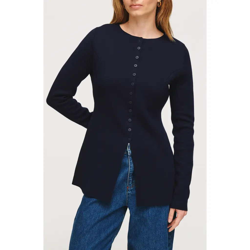ALIGNE Daphne Split Hem Organic Cotton & Wool Blend Cardigan in Navy at Nordstrom Rack, Size 2 | Nordstrom Rack