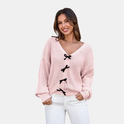 Women's Pink Knit Long Sleeve Bow Sweater - Cupshe-M-Pink | Target