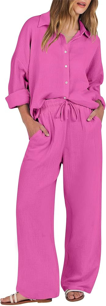ANRABESS Women 2 Piece Outfits 2023 Long Sleeve Wide Leg Matching Lounge Sets Fashion Travel Vaca... | Amazon (US)