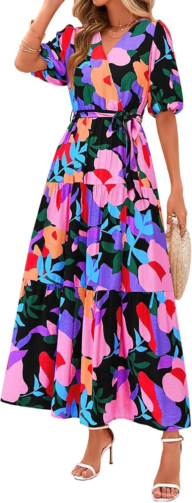 PRETTYGARDEN Women's Summer Maxi Dress 2025 Resort Wear Boho Floral V Neck Puff Short Sleeve Ruff... | Amazon (US)