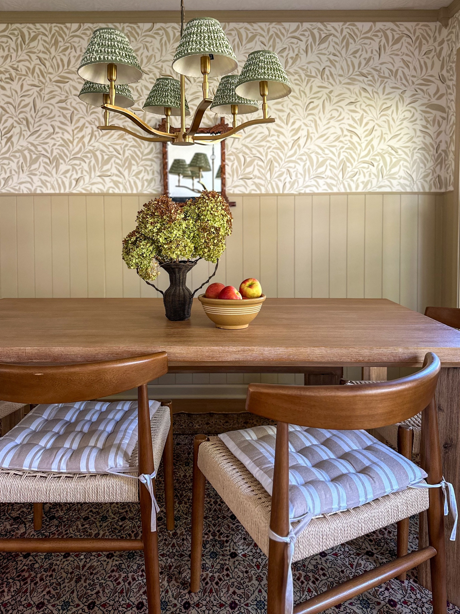 Blonde Oak dining table with walnut chairs - stenciled walls, pleated shade chandelier 

#LTKHome #LTKSaleAlert #LTKSeasonal