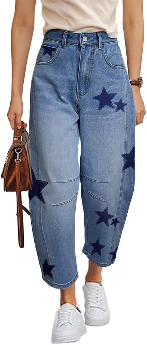 Barrel Jeans for Women Baggy Star Printed Horseshoe Jeans Mid Rise Wide Leg Cropped Ankle Denim P... | Amazon (US)