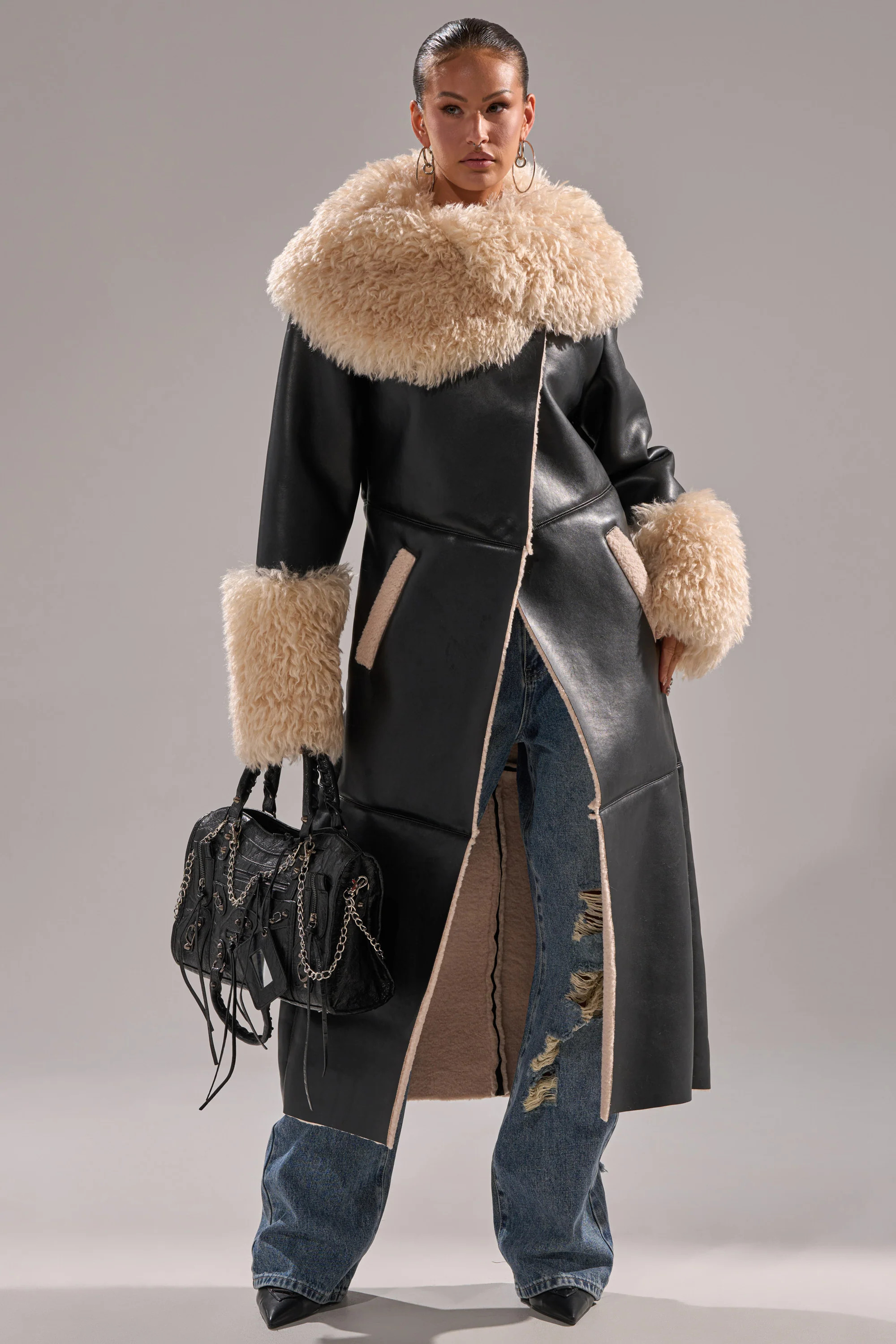 SHE GOT IT FLUFFY PU TRENCH WITH BONDED SHERPA | AKIRA