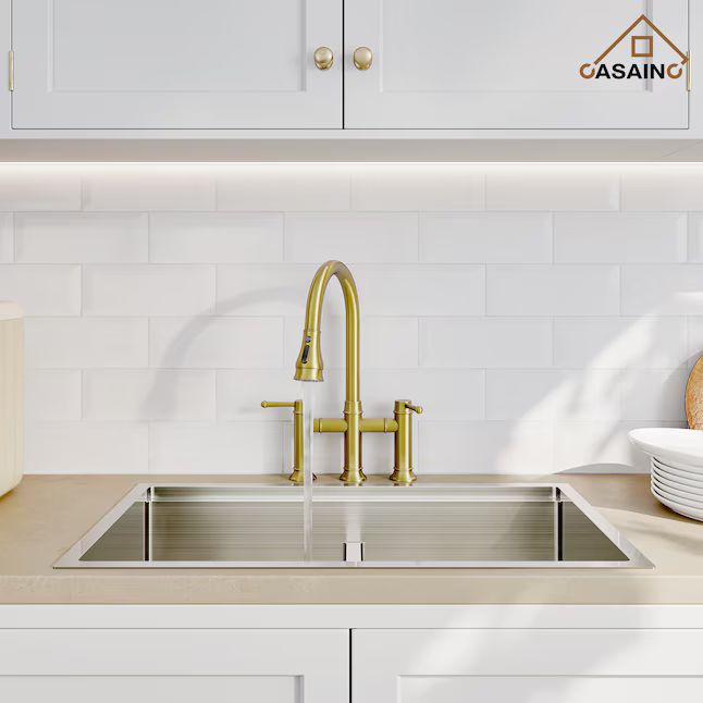 CASAINC Brushed Gold Double Handle Bridge Kitchen Faucet with Sprayer | Lowe's