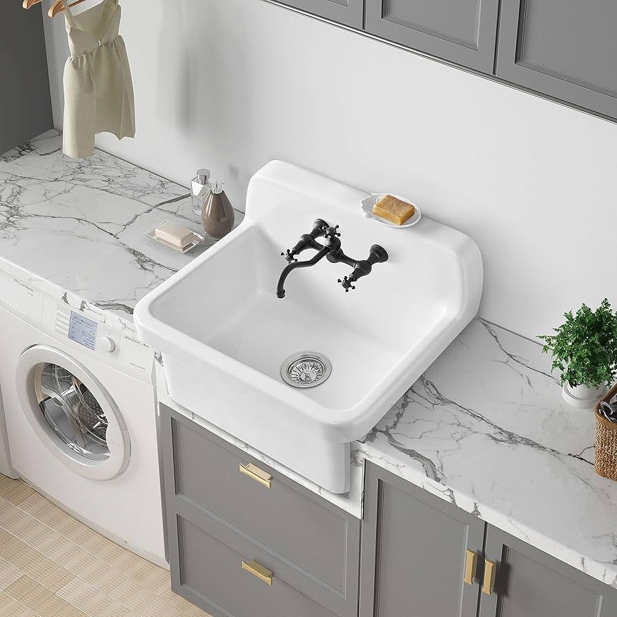 ELLAI 24 Inch White Ceramic Farm Style Wall Mount Utility Sink High Back Wall Mounted Laundry Tub... | Amazon (US)