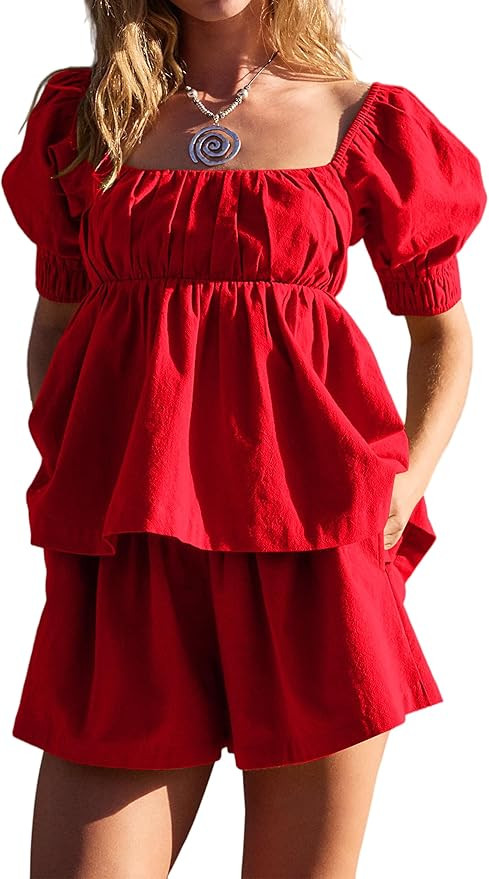 Two Piece Short Sets for Women 2025 Short Puff Sleeve Tie Back Babydoll Tops and Shorts Cute 2 Pi... | Amazon (US)