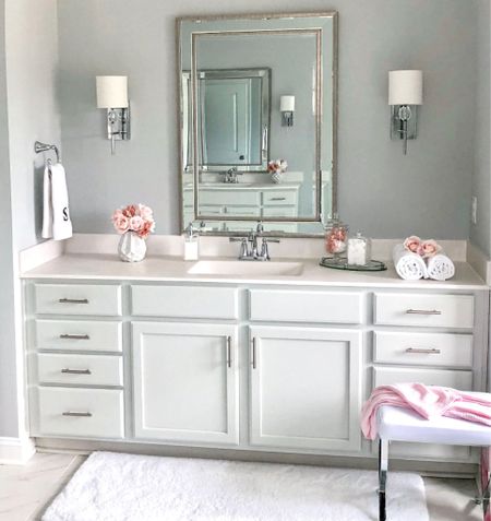 Bathroom refresh! Sconces, beaded mirror, Moen faucet, towel ring, bathroom accessories, vanity stool, fluffy white cotton towels, towels, a soft on your feet white rug, Walmart, Target, Wayfair, Ballard Designs, Pottery Barn. Sales. 


home decor accessories, bathroom decor, coastal, cottage, modern farmhouse, classic, traditional, modern traditional home style.


#LTKunder50 #LTKFind #LTKhome