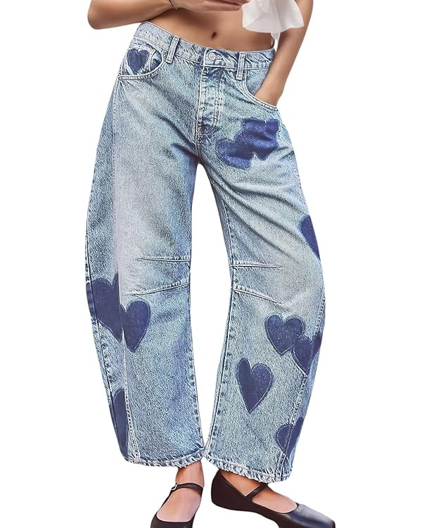 LifeShe Women's Wide Leg Baggy Jeans Low Waist Heart Barrel Loose Jean Valentine's Day Denim Pant... | Amazon (US)